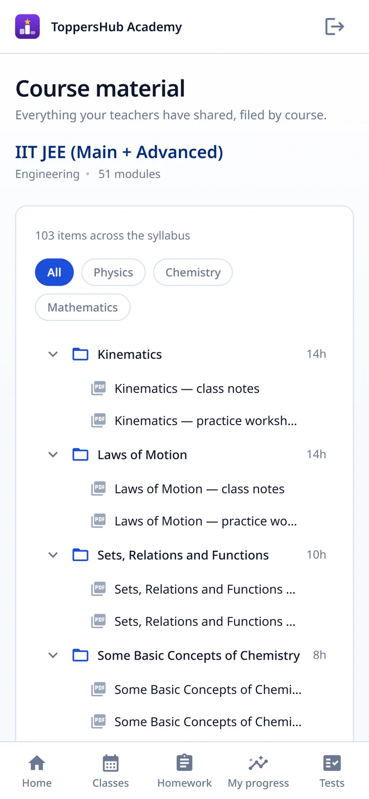 Course material on a student's phone, grouped by subject and chapter.