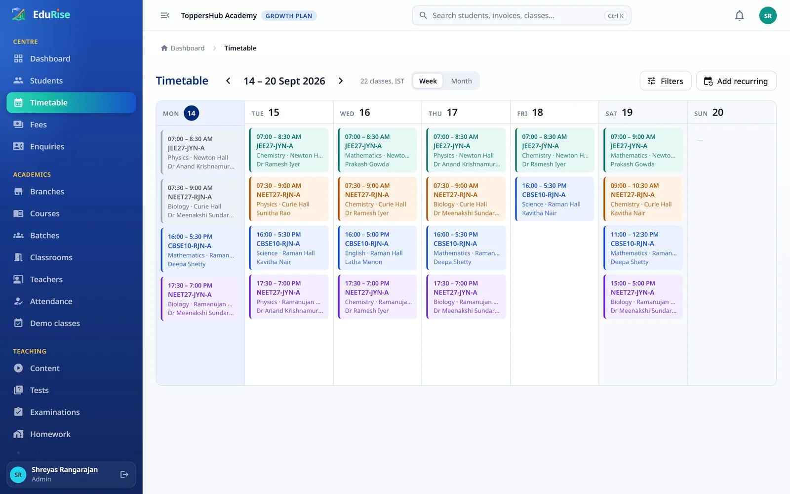 A week of classes across every batch and teacher.